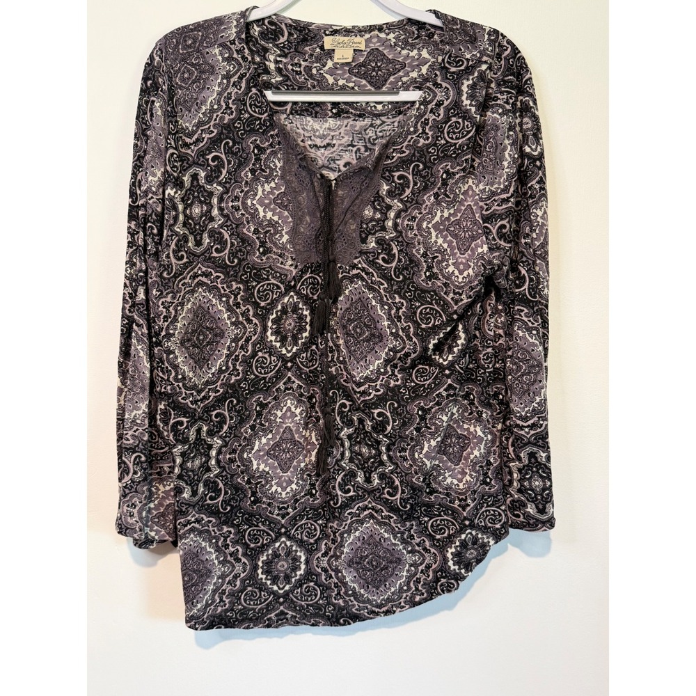 Lucky Brand Purple Paisley Medallion Lace Trim Tassel Top Large L Long Sleeve